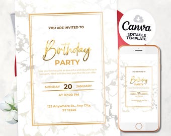 Elegante plantilla de invitación de cumpleaños en blanco y dorado (descarga digital)