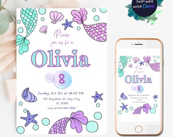 Mermaid Birthday Invitation Mermaid Tail Invitation Birthday Whimsical Mermaid Birthday Party Mermaid Under the Sea Party Editable Canva