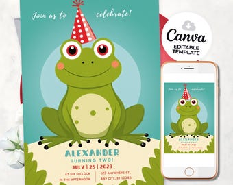 Frog Birthday Invitation Template, Kids Party Invite (Digital Download)