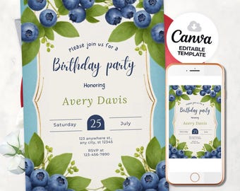 Blueberry Birthday Invitation Blueberry Party Bday Invite Printable Blue Berry Birthday Girl & Boy Invitation Editable Canva invitations