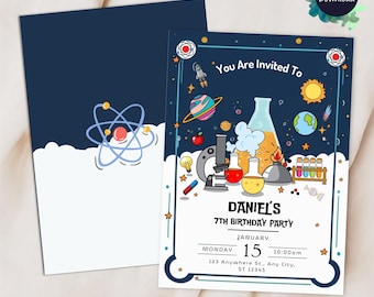 Science Birthday Invitation Neon Lab Experiment Lab Party Mad Science bday Decor Girl & Boy Science Party Invite Canva Template Digital