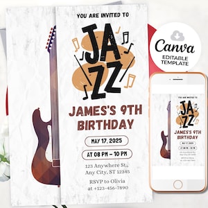 Peut inclure: Invitation d'anniversaire sur le thème du jazz avec une illustration de guitare. L'invitation présente le mot "JAZZ" en gras, des notes de musique et les détails de l'événement. Un smartphone affiche l'invitation. Le modèle modifiable Canva est également visible.