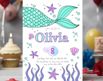 Mermaid Birthday Invitation Mermaid Tail Invitation Birthday Whimsical Mermaid Birthday Party Mermaid Under the Sea Party Editable Canva