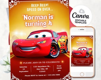 Lightning McQueen Birthday Invitation Birthday Invitation Cars Invitation Kids Birthday Invitation Digital Invitation cars Canva Editable