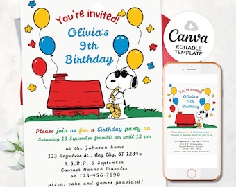 Snoopy Birthday Invitation, Kids Party Dinner Invite (Digital Download)