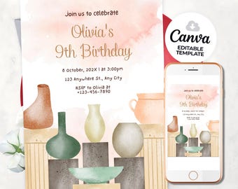 Pottery Painting Birthday Invitation, Art Theme (Canva Editable)