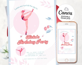 Invitación de cumpleaños de gimnasia. Plantilla editable para fiesta de gimnasia. Invitación de cumpleaños para niños y niñas gimnastas. Descarga instantánea.
