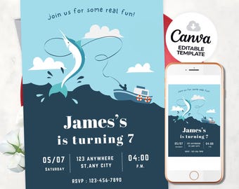 Puede incluir: Invitación de cumpleaños azul con un marlín saltando del agua, un barco y el texto "Join us for some real fun!". La invitación dice "James's is turning 7" con la fecha, hora e información de RSVP.
