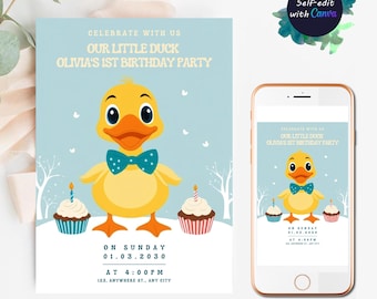 May include: A birthday party invitation featuring a cartoon duck wearing a blue bow tie, with cupcakes and text that reads "Our Little Duck Olivia's 1st Birthday Party". A smartphone displays the same design. The invitation is light blue.