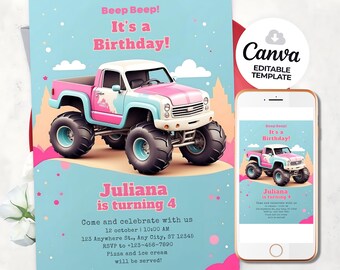 Monster Truck Birthday Girl Invitation Monster Truck Party for Girl Pink Monster Truck Birthday Pink Monster Truck 3rd birthday Any age
