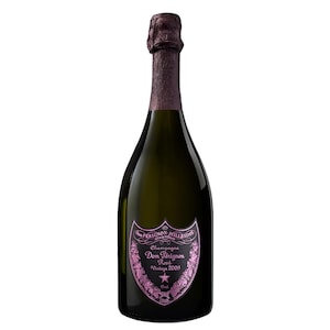 May include: A bottle of Dom Pérignon Rosé Vintage 2009 champagne. The dark green bottle has a pink label with ornate detailing and text. The foil around the top is also pink. The bottle is set against a white background.