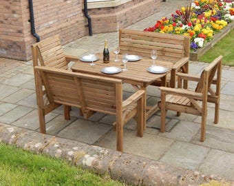 Patio Garden Set - 4ft 6 Wooden Table , 2 Benches & 2 Chairs