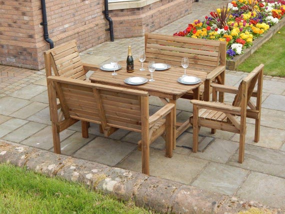 Patio Garden Set - 4ft 6 Wooden Table , 2 Benches & 2 Chairs