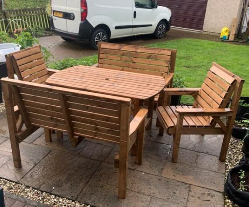 Conjunto de jardín para patio: mesa de madera de 137 cm, 2 bancos y 2 sillas imagen 15