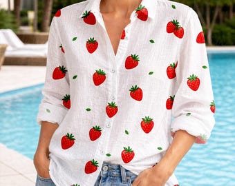 Cute Strawberry Print Blouse Shirt, Fruit Women Cottagecore Long Sleeve Shirt, Mini Floral, Bamboo-Like Feel, Linen-Look Shirt