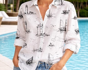 Nautical Sailboat Lighthouse Blouse Shirt, Ocean Marine Women Blouse, Sailing Long Sleeve Shirt, Gift For Beach Lovers, Linen-Look Shirt