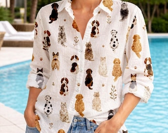 Colorful Dog Back Print Blouse Shirt, Dog Women Blouse, Pet Long Sleeve Shirt, Dog Owner Shirt, Linen-Look Shirt