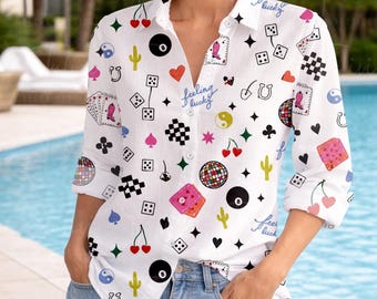 Funny Gambling Blouse Shirt, Casino Women Blouse, Lucky Long Sleeve Shirt, Las Vegas Shirt, Linen-Look Shirt