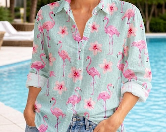 Pink Flamingos Blouse Shirt, Cottagecore Women Blouse, Animal Lover Long Sleeve Shirt, Bird Shirt, Linen-Look Shirt