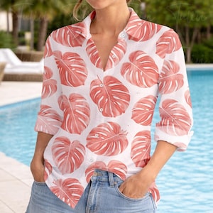 Pink Monstera Blouse Shirt, Cottagecore Women Blouse, Monstera Leaf Long Sleeve Shirt, Gift For Plant Lovers, Linen-Look Shirt