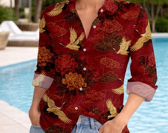 Japans blouseshirt Craine, blouse vrouwen Japanse kunst, shirt met lange mouwen Zen Vibes, liefhebbers van Craine, shirt linnenlook