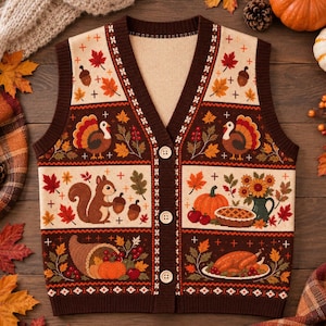 May include: A brown and cream V-neck sweater vest featuring a button-front closure and a knit pattern of turkeys, squirrels, pumpkins, sunflowers, acorns, and a cornucopia. The design includes autumn leaves and berries on a dark brown background.