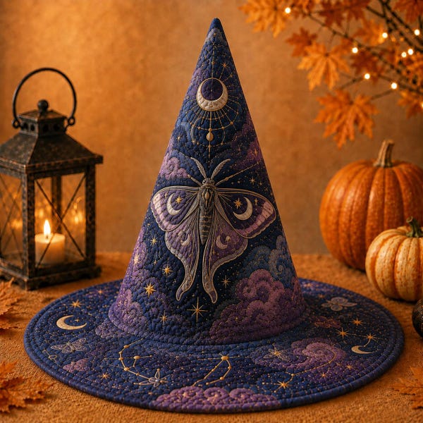 Mystical Moon Moth Witch Hat Decor, Purple Galaxy Constellation Quilted Fabric, Luna Moth Halloween Centerpiece Gift