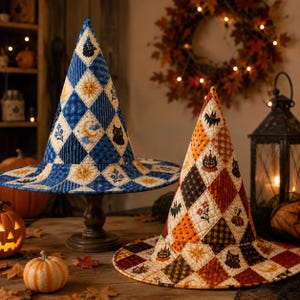 Vintage Halloween Quilted Witch Hat, Retro Patchwork Witch Costume Hat, Spooky Season Party Hat, Trick Or Treat Accessory