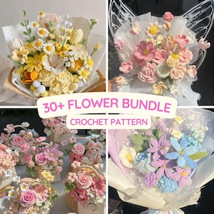 Puede incluir: Una colección de ramos y arreglos florales de ganchillo en varios colores, incluyendo amarillo, rosa y azul. La imagen presenta múltiples ramos y cestas de flores de ganchillo, con el texto "30+ FLOWER BUNDLE CROCHET PATTERN".