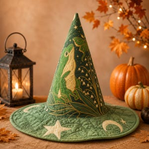 Retro Quilted Witch Hat, Vintage Halloween Frog Moon Hat, Green Witch Costume Accessory, Spooky Season Party Gift