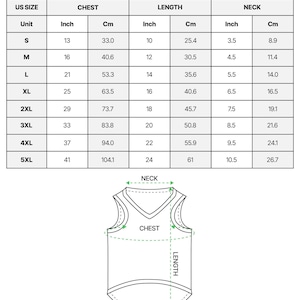 Op de afbeelding: Een maattabel voor een mesh huisdier-jersey met all-over print. De tabel toont Amerikaanse maten van S tot 5XL met bijbehorende borst-, lengte- en nekmaten in inches en centimeters. Een lijntekening van de jersey illustreert de metingen.