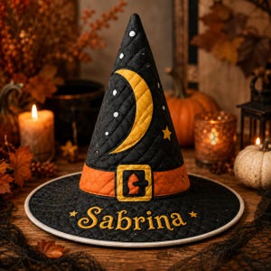 Personalized Quilted Witch Hat, Custom Name Vintage Halloween Hat, Retro Patchwork Witch Costume Hat, Spooky Season Party Accessory