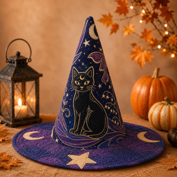 Black Cat Witch Quilted Hat, Celestial Black Cat Halloween, Moon Star Witchy Home Accent, Gothic Spooky Season Gift, Mystical Cat Hat