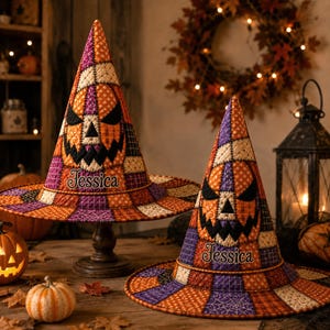 Personalized Quilted Witch Hat, Custom Name Halloween Hat, Jack O Lantern Witch Costume, Fall Pumpkin Decor Gift, Patchwork Witchy Hat