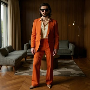 Vintage 70s Burnt Orange Flared Suit | Wide Lapel Blazer | Bell Bottom Trousers & Blazer, Retro Disco Formal Wear