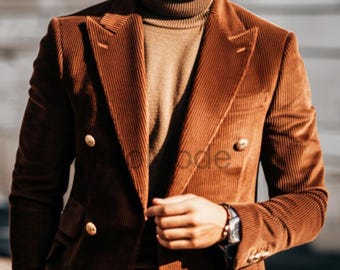 Abito da uomo in velluto a coste marrone / Abito doppiopetto in stile vintage di Aristo Mode / Blazer retrò con ampi risvolti e pantaloni su misura / Abito da uomo