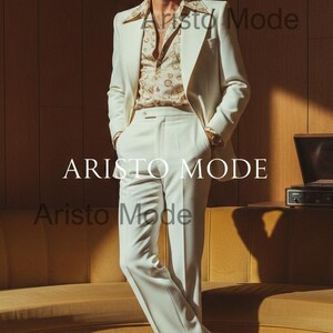 Vintage 70s White Flared Men's Suit | Wide Lapel Bell Bottom Pant | Retro Style Custom Tailored Suit | Custom Tailored | Disco Suit