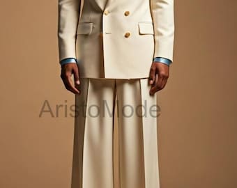 Vintage 70s Cream Flared Suit | Wide Lapel Double-Breasted Blazer & Wide Leg Pants | Retro Mens Suit | Disco Wedding Suit | Custom Tailored