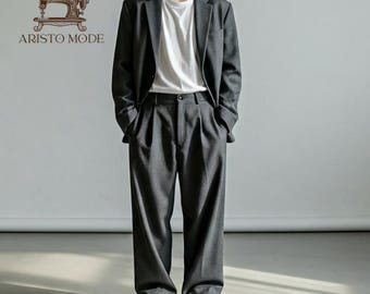 Men's Dark Charcoal Vintage Suit | Oversized Blazer & Wide-Leg Trousers | Prom Suite For Men