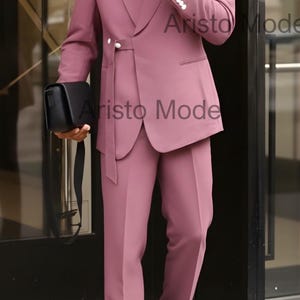 Dusty Rose Pink Men’s Suit | Double Breasted Belted Suit | Custom Tailored Wedding Suit for Men | Modern Luxury Statement Suit