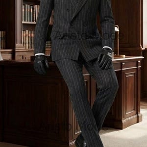 May include: A charcoal grey double-breasted pinstripe suit with a white dress shirt and a blue tie. The suit features a notched lapel and is paired with black leather gloves and shoes. The suit is a classic formal wear.