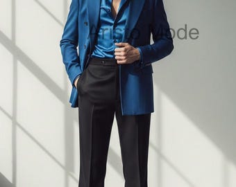 Men’s Blue Double Breasted Blazer & Black Flared Trousers | Vintage Inspired Tailored Suit | Retro 70s Menswear | Handmade by Aristo Mode