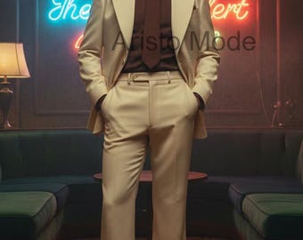 Men’s Cream Vintage Suit | 1970s Retro Wide Leg Suit | Old Money Menswear | Beige Custom Tailored Suit | Handmade Luxury Outfit
