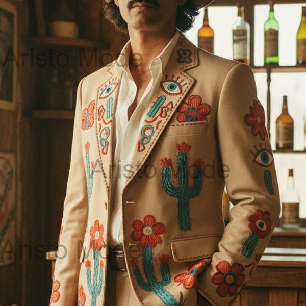 Embroidered Western Suit | Beige Terry Rayon, Cactus Floral Folk Art