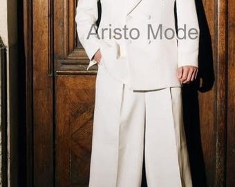 Men’s Ivory Double Breasted Suit | White Wide Leg Suit | Vintage Inspired Wedding Suit | Tailored Groom Outfit | Handmade Luxury Menswear