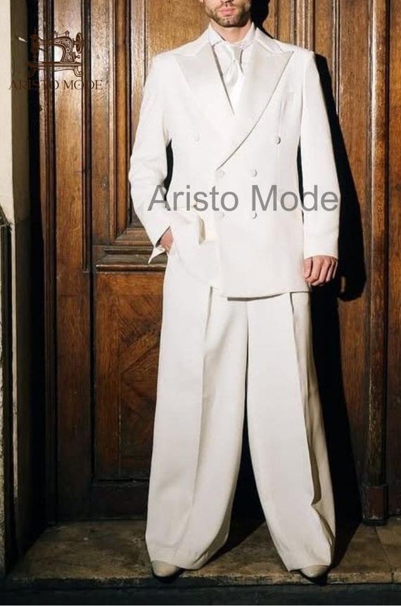 Men’s Ivory Double Breasted Suit | White Wide Leg Suit | Vintage Inspired Wedding Suit | Tailored Groom Outfit | Handmade Luxury Menswear