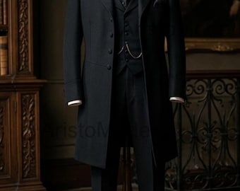 Black Victorian Tailcoat Suit Men | Vintage 3 Piece Formal Suit | Gothic Wedding Suit | Classic Edwardian Tuxedo | Groom Evening Wear Set