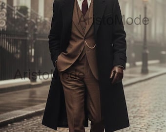 Completo marrone Peaky Blinders fatto a mano con soprabito in lana nera / stile anni '20
