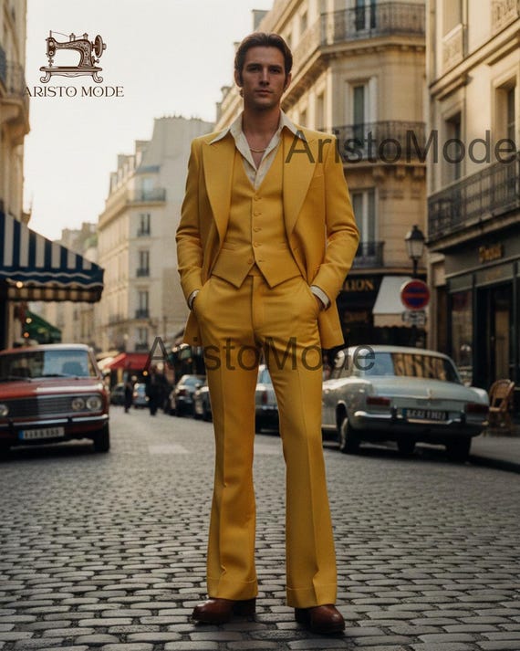 Mustard Yellow 70s Men’s 3 Piece Suit | Vintage Inspired Retro Suit | Flared Pants | Wedding Groom Suit | Custom Mens Suit