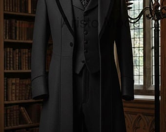 Traje victoriano largo negro para hombre / Traje gótico con frac / Traje aristocrático personalizado / Ropa formal steampunk, ropa histórica masculina hecha a mano